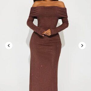 Fashion Nova/Meshki Brown Sparkly Off Shoulder Evening Dress/Gown - Size Medium